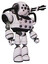 Droid containing round head and bug eye array and heavy upper chest and chest energy sockets and light leg exoshielding. White halftone toon. Facing left view.