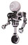 Cyborg containing dots array face and heavy upper chest and no chest plating and unicycle wheel. White halftone toon. Facing right view.