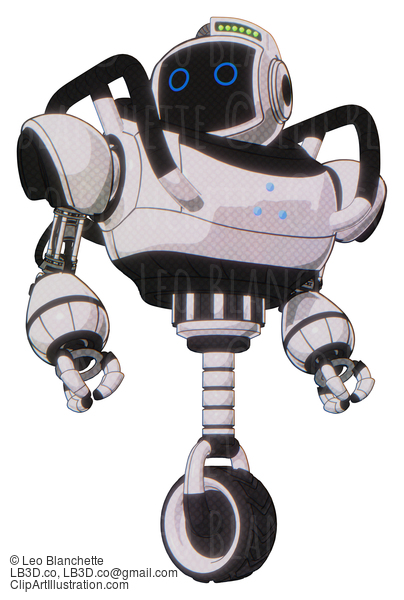 Android Containing Digital Display Head And Circle Eyes And Green Led Array And Heavy Upper Chest And Triangle Of Blue Leds And Unicycle Wheel. White Halftone Toon. Hero Pose. #19283