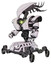 Cyborg containing flat elongated skull head and cables and heavy upper chest and heavy mech chest and green energy core and insect walker legs. White halftone toon. Facing right view.