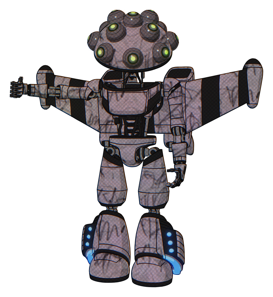 Automaton containing many robo-eye domehead design and light chest exoshielding and ultralight chest exosuit and stellar jet wing rocket pack and light leg exoshielding and megneto-hovers foot mod.