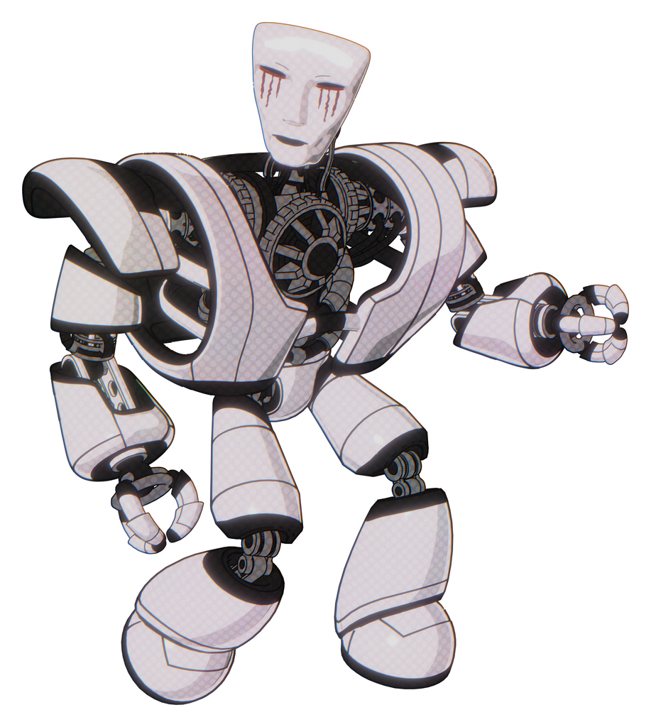 Automaton containing humanoid face mask and blood tears and heavy upper chest and heavy mech chest and light leg exoshielding. White halftone toon. Fight or defense pose..
