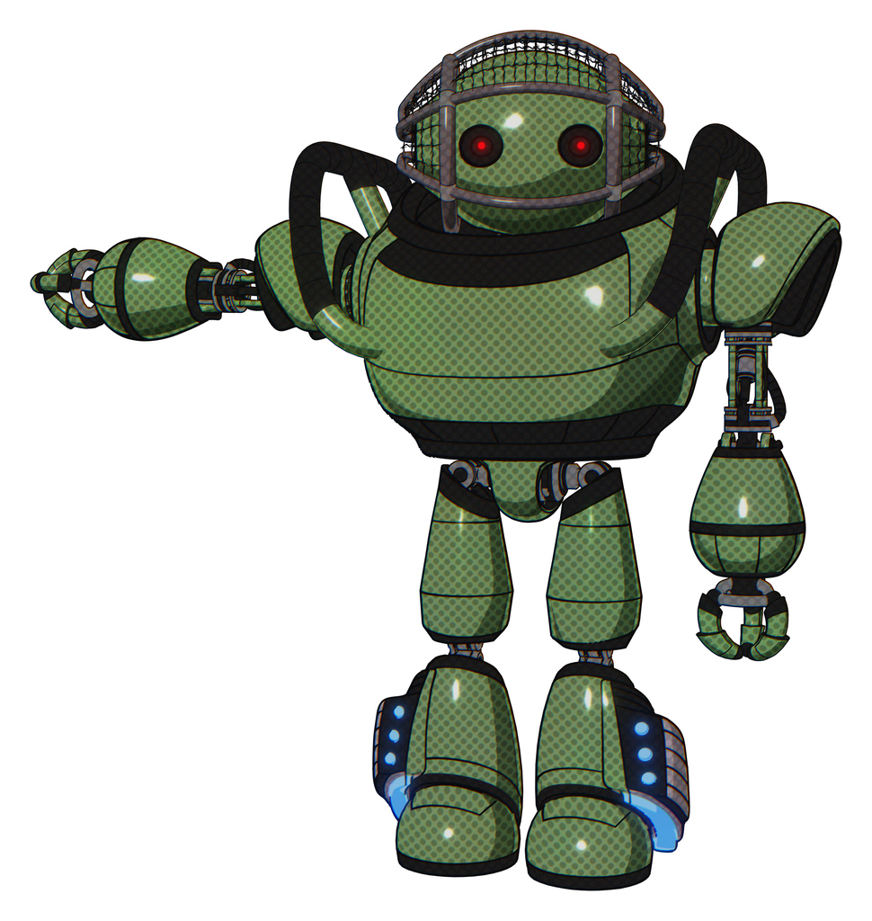 Robot containing oval wide head and small red led eyes and barbed wire cage helmet and heavy upper chest and light leg exoshielding and megneto-hovers foot mod. Grass green.