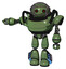 Robot containing oval wide head and small red led eyes and barbed wire cage helmet and heavy upper chest and light leg exoshielding and megneto-hovers foot mod. Grass green.