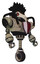 Bot containing bird skull head and red line eyes and crow feather design and heavy upper chest and red shield defense design and unicycle wheel. Grungy fiberglass. Facing left view.