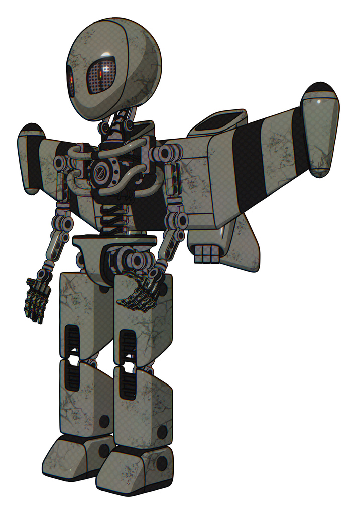 Cyborg containing grey alien style head and metal grate eyes and light chest exoshielding and stellar jet wing rocket pack and no chest plating and prototype exoplate legs. Concrete grey metal.