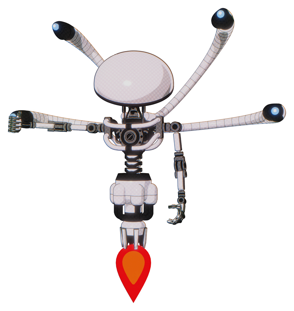 Bot containing dome head and light chest exoshielding and blue-eye cam cable tentacles and no chest plating and jet propulsion. White halftone toon. Arm out holding invisible object..