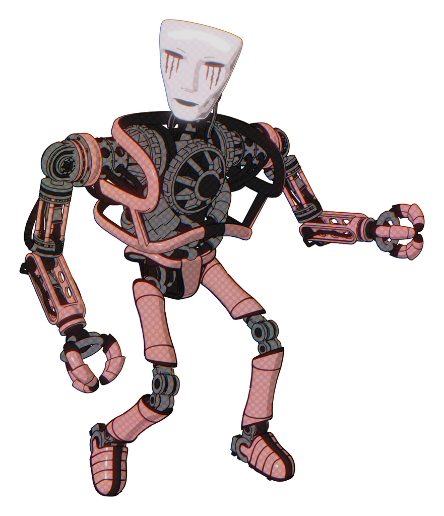 Droid containing humanoid face mask and blood tears and heavy upper chest and no chest plating and ultralight foot exosuit. Toon pink tint. Fight or defense pose..