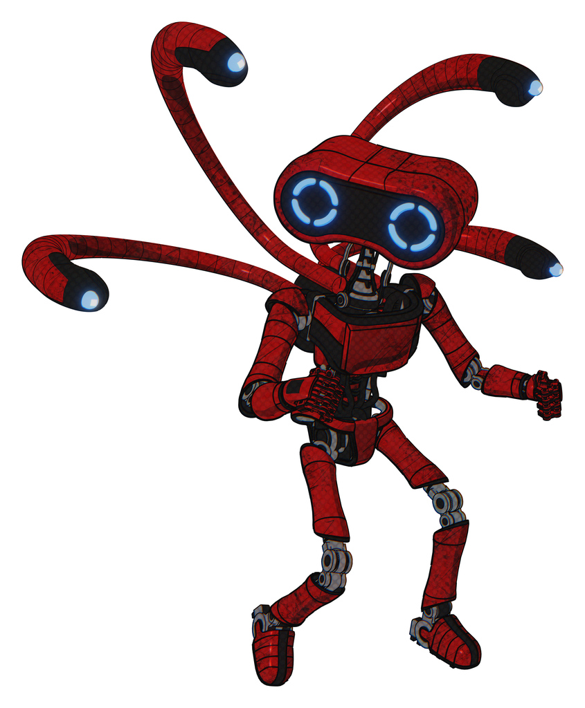 Droid containing dual retro camera head and retro 80's head and light chest exoshielding and ultralight chest exosuit and blue-eye cam cable tentacles and ultralight foot exosuit.