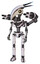 Bot containing bird skull head and yellow led protruding eyes and head shield design and light chest exoshielding and minigun back assembly and no chest plating and ultralight foot exosuit.