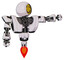 Automaton containing round head yellow happy face and heavy upper chest and heavy mech chest and jet propulsion. White halftone toon. Pointing left or pushing a button..