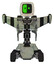 Droid containing old computer monitor and abstract mask pixel face and light chest exoshielding and stellar jet wing rocket pack and no chest plating and six-wheeler base. Green metal. Front view.