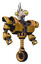 Bot containing bird skull head and big yellow eyes and heavy upper chest and heavy mech chest and unicycle wheel. Construction yellow halftone. Hero pose.