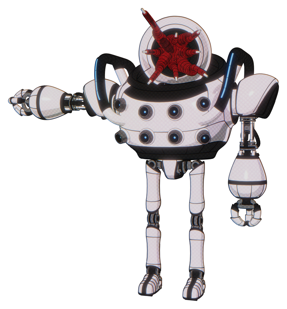 Robot containing jellyfish style head red fiber optic tentacles and heavy upper chest and chest energy sockets and blue strip lights and ultralight foot exosuit. White halftone toon.