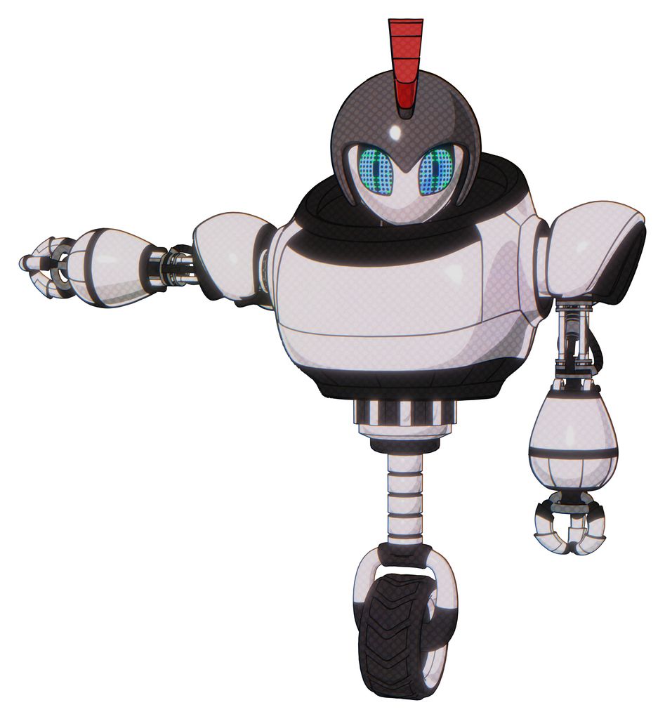 Automaton containing grey alien style head and blue grate eyes and galea roman soldier ornament and gray helmet and heavy upper chest and unicycle wheel. White halftone toon.