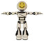 Robot containing round head yellow happy face and light chest exoshielding and cable sash and light leg exoshielding and stomper foot mod. Off white toon. T-pose.