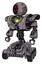 Automaton containing three led eyes round head and heavy upper chest and heavy mech chest and green energy core and six-wheeler base. Dark sketchy. Standing looking right restful pose.