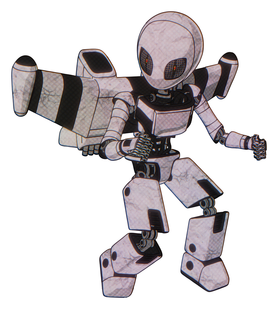 Droid containing grey alien style head and metal grate eyes and light chest exoshielding and ultralight chest exosuit and stellar jet wing rocket pack and prototype exoplate legs. Sketch pad light.