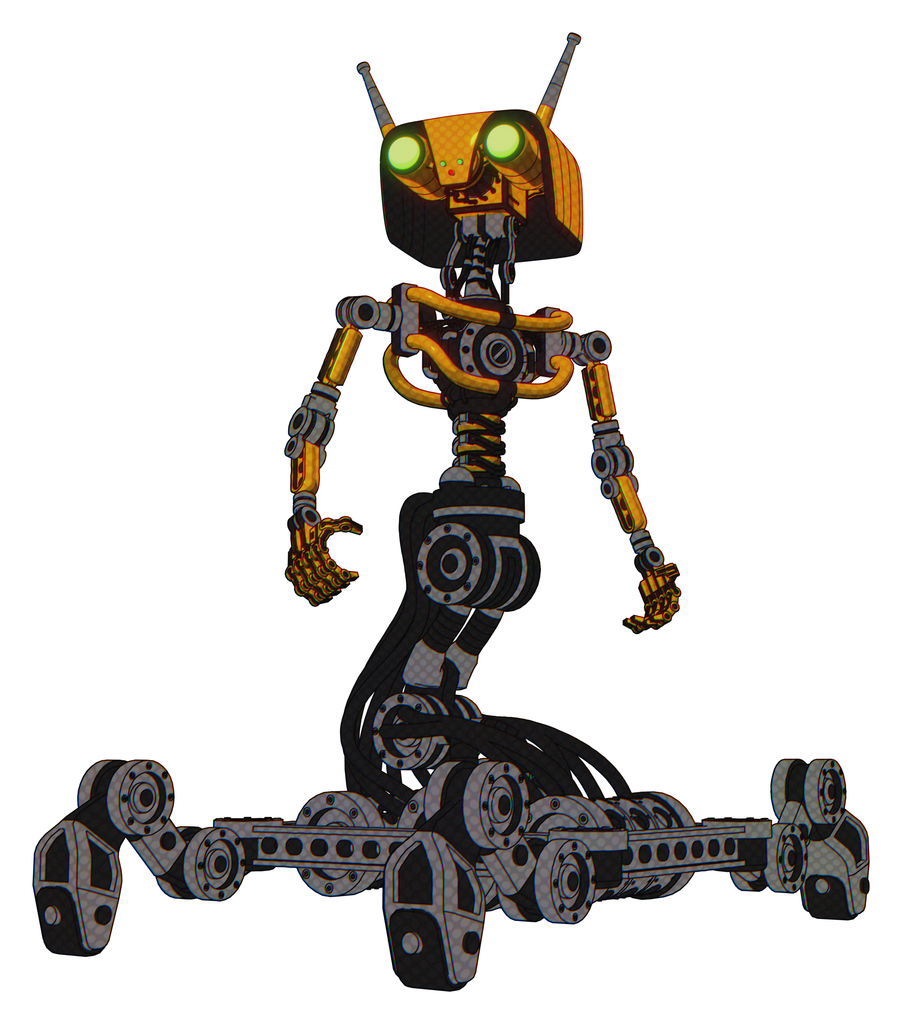 Droid containing dual retro camera head and cyborg antenna head and light chest exoshielding and no chest plating and insect walker legs. Primary yellow halftone. Hero pose.