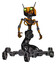 Droid containing dual retro camera head and cyborg antenna head and light chest exoshielding and no chest plating and insect walker legs. Primary yellow halftone. Hero pose.