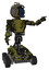 Cyborg containing digital display head and wide smile and led and protection bars and light chest exoshielding and prototype exoplate chest and rocket pack and six-wheeler base. Grunge army green.