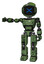 Automaton containing digital display head and wince symbol expression and green led array and light chest exoshielding and chest green blue lights array and prototype exoplate legs.