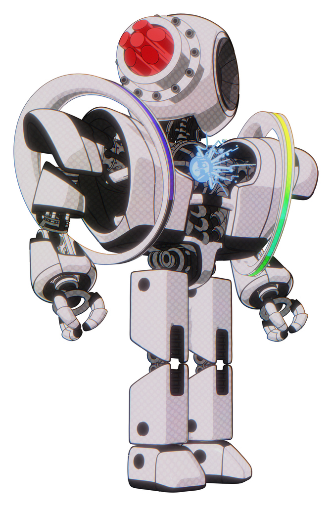 Robot containing round head and red laser crystal array and heavy upper chest and heavy mech chest and spectrum fusion core chest and prototype exoplate legs. White halftone toon. Hero pose.