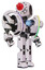 Robot containing round head and red laser crystal array and heavy upper chest and heavy mech chest and spectrum fusion core chest and prototype exoplate legs. White halftone toon. Hero pose.