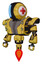 Robot containing round head and large vertical visor and first aid emblem and heavy upper chest and heavy mech chest and green cable sockets array and jet propulsion. Construction yellow halftone.