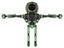 Robot containing round barbed wire round head and heavy upper chest and no chest plating and ultralight foot exosuit. Green tint toon. T-pose.