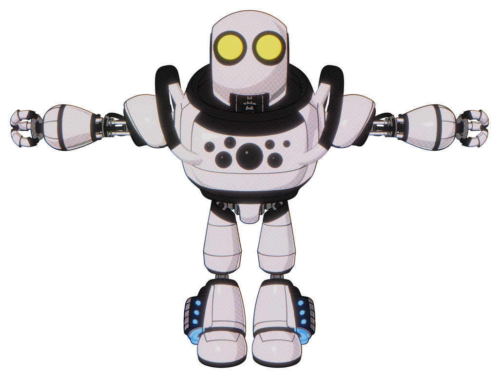 Droid containing round head and large yellow eyes and heavy upper chest and chest compound eyes and light leg exoshielding and megneto-hovers foot mod. White halftone toon. T-pose.