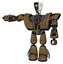 Robot containing humanoid face mask and two-face black white mask and heavy upper chest and heavy mech chest and light leg exoshielding. Old copper. Arm out holding invisible object..