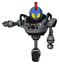 Bot containing grey alien style head and yellow eyes with blue pupils and galea roman soldier ornament and blue helmet and heavy upper chest and chest compound eyes and blue strip lights .