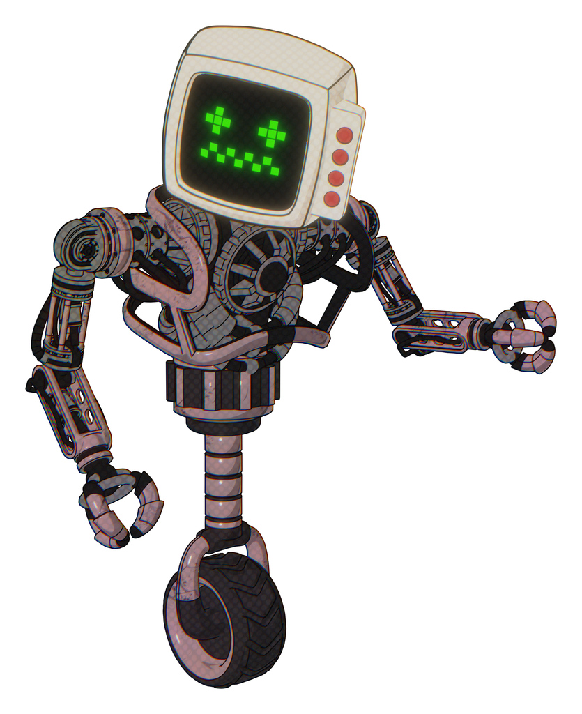Droid containing old computer monitor and stunned pixels face and red buttons and heavy upper chest and no chest plating and unicycle wheel. Grayish pink. Fight or defense pose..