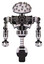 Automaton containing metal cubes dome head design and heavy upper chest and no chest plating and unicycle wheel. White halftone toon. Front view.