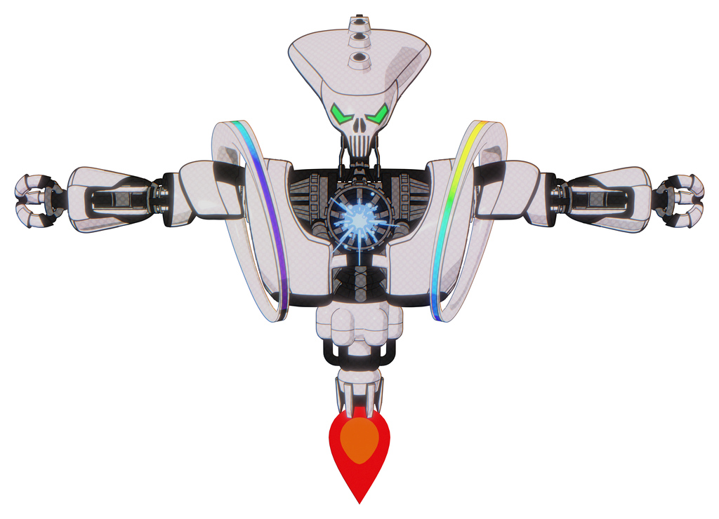 Cyborg containing flat elongated skull head and heavy upper chest and heavy mech chest and spectrum fusion core chest and jet propulsion. White halftone toon. T-pose.