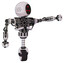 Bot containing three led eyes round head and heavy upper chest and no chest plating and unicycle wheel. White halftone toon. Pointing left or pushing a button..