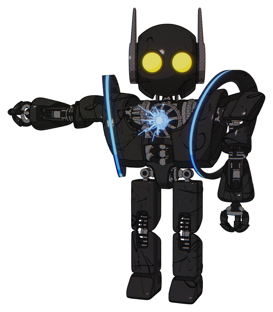 Cyborg containing round head and large yellow eyes and head winglets and heavy upper chest and heavy mech chest and spectrum fusion core chest and prototype exoplate legs. Toon black scribbles sketch.