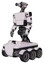Droid containing dual retro camera head and simple blue telescopic eye head and light chest exoshielding and prototype exoplate chest and six-wheeler base. White halftone toon. Facing right view.