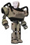 Droid containing humanoid face mask and heavy upper chest and prototype exoplate legs. Grungy fiberglass. Hero pose.