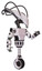 Robot containing flat elongated skull head and cables and light chest exoshielding and prototype exoplate chest and unicycle wheel. White halftone toon. Interacting.
