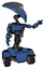 Bot containing flat elongated skull head and visor and light chest exoshielding and cable sash and rocket pack and tank tracks. Blue halftone. Pointing left or pushing a button..