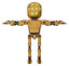 Droid containing round head and green eyes array and light chest exoshielding and prototype exoplate chest and ultralight foot exosuit. Construction yellow halftone. T-pose.