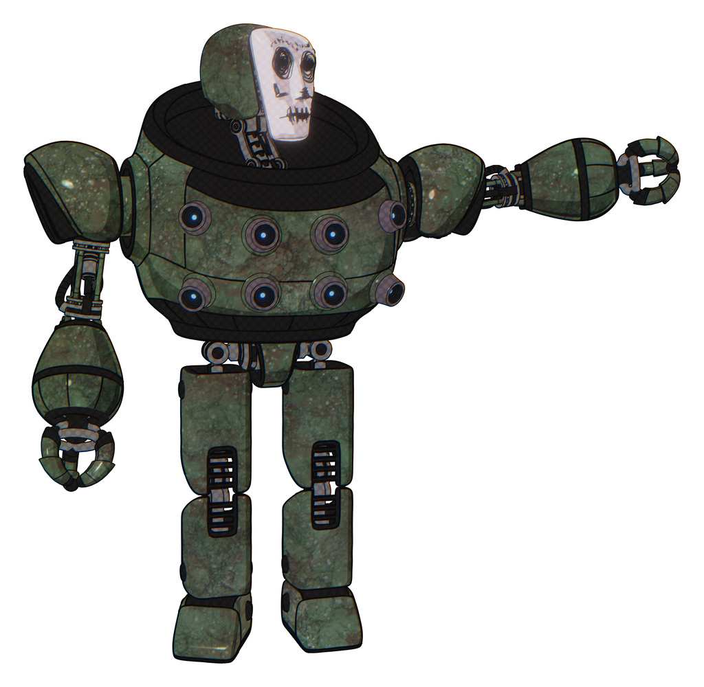 Bot containing humanoid face mask and skeleton war paint and heavy upper chest and chest energy sockets and prototype exoplate legs. Old corroded copper. Pointing left or pushing a button..