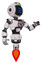 Bot containing digital display head and three horizontal line design and green led array and light chest exoshielding and chest valve crank and jet propulsion. White halftone toon. Interacting.