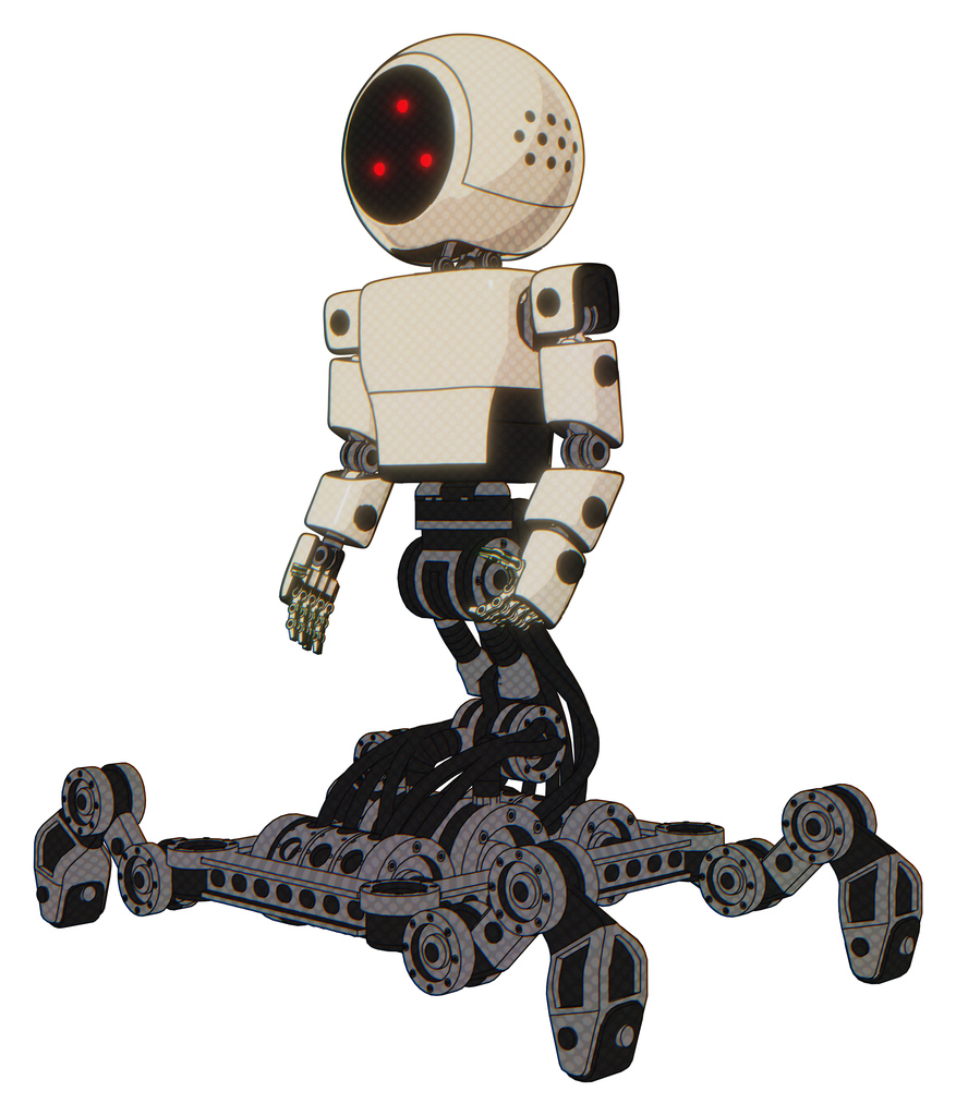 Cyborg containing three led eyes round head and light chest exoshielding and prototype exoplate chest and insect walker legs. Off white toon. Facing right view.