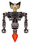 Robot containing bird skull head and brass steampunk eyes and robobeak design and heavy upper chest and no chest plating and jet propulsion. Powder pink metal. Front view.