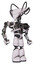 Robot containing flat elongated skull head and cables and heavy upper chest and no chest plating and light leg exoshielding. White halftone toon. Hero pose.