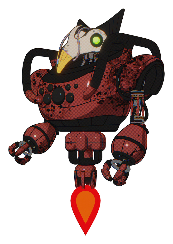 Robot containing bird skull head and green eyes and robobeak design and heavy upper chest and chest compound eyes and jet propulsion. Grunge matted orange. Facing right view.