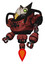 Robot containing bird skull head and green eyes and robobeak design and heavy upper chest and chest compound eyes and jet propulsion. Grunge matted orange. Facing right view.